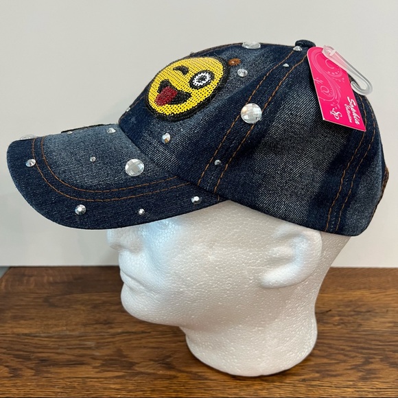 Blingy Denim Baseball Cap Rhinestones, Embroidery Smiley Face Sophia Collection - Picture 9 of 9